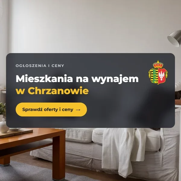 Mieszkanie na wynajem w Chrzanowie: jasny pokój dzienny i herb Chrzanowa