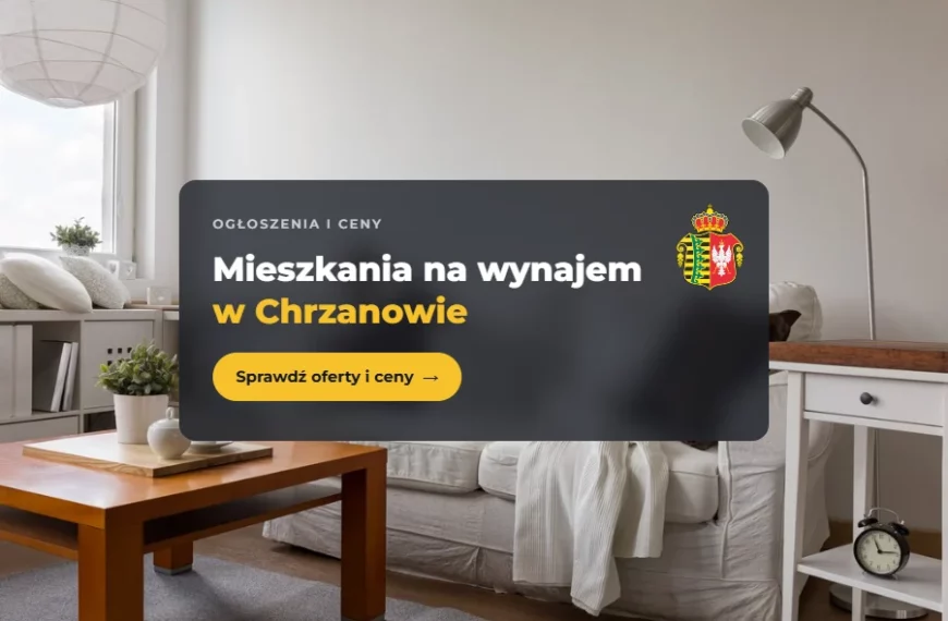 Mieszkanie na wynajem w Chrzanowie: jasny pokój dzienny i herb Chrzanowa